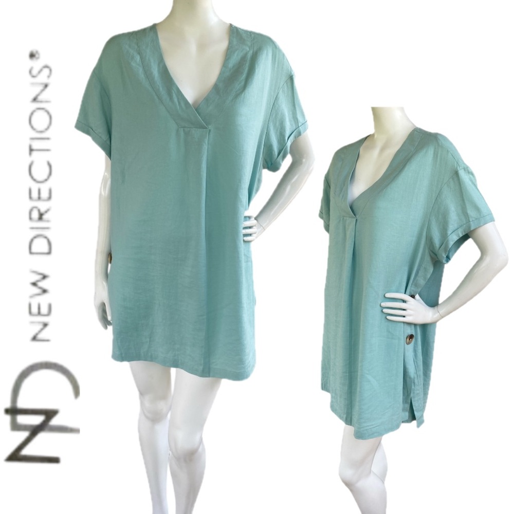 NEW DIRECTIONS Linen Blend Tunic Teal Top V- Neck Short Sleeve Buttons Sz Medium